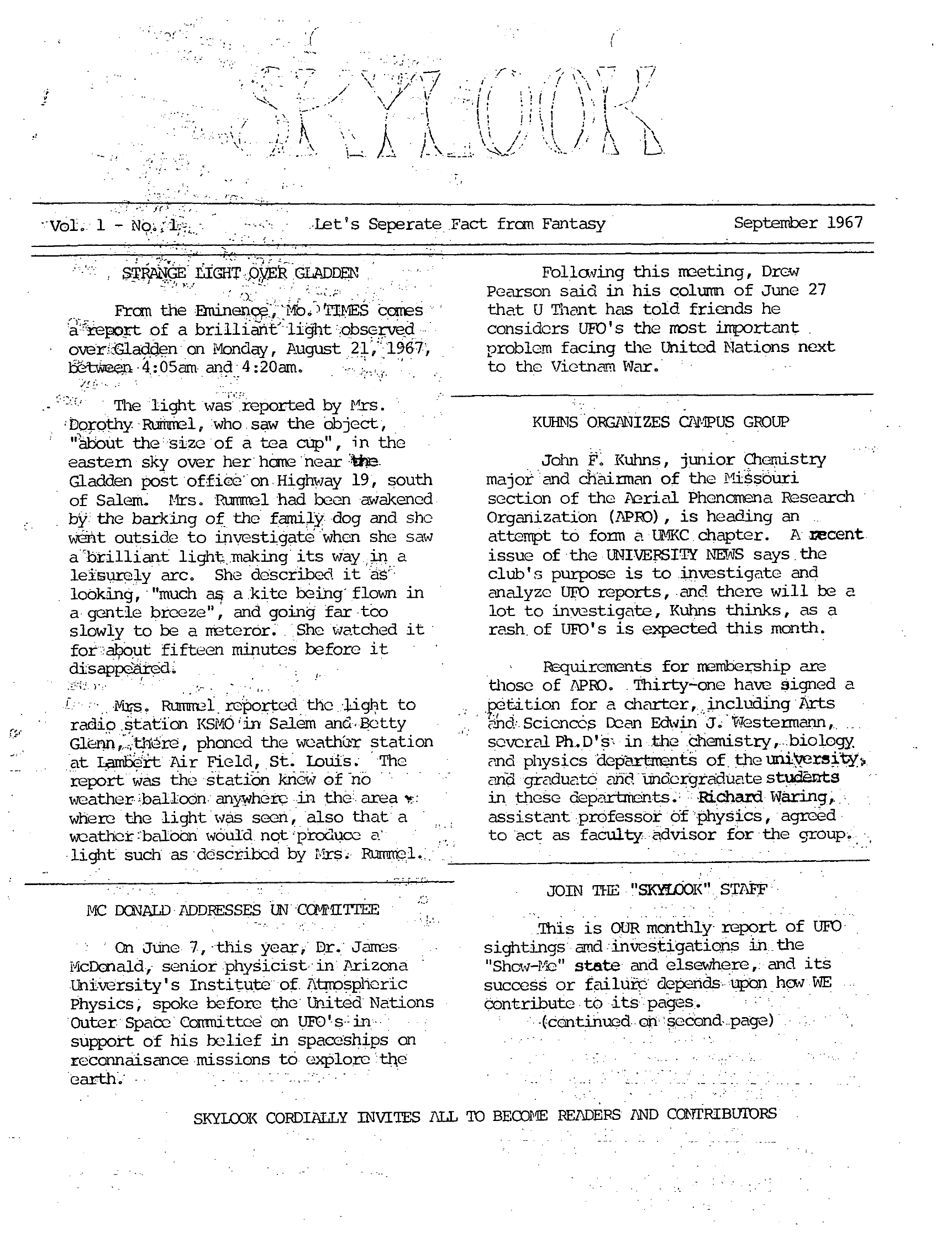 Complete text and images from the MUFON UFO Journal - 1967 9. September - Skylook issue of the MUFON UFO Journal.